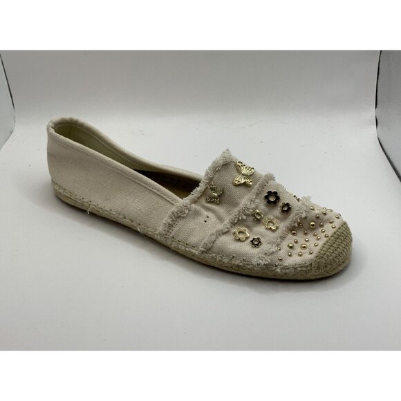 Michael Kors Tan Canvas Espadrilles Flats w/ Butterly & Floral Studs, Size 9.5 - Picture 1 of 9